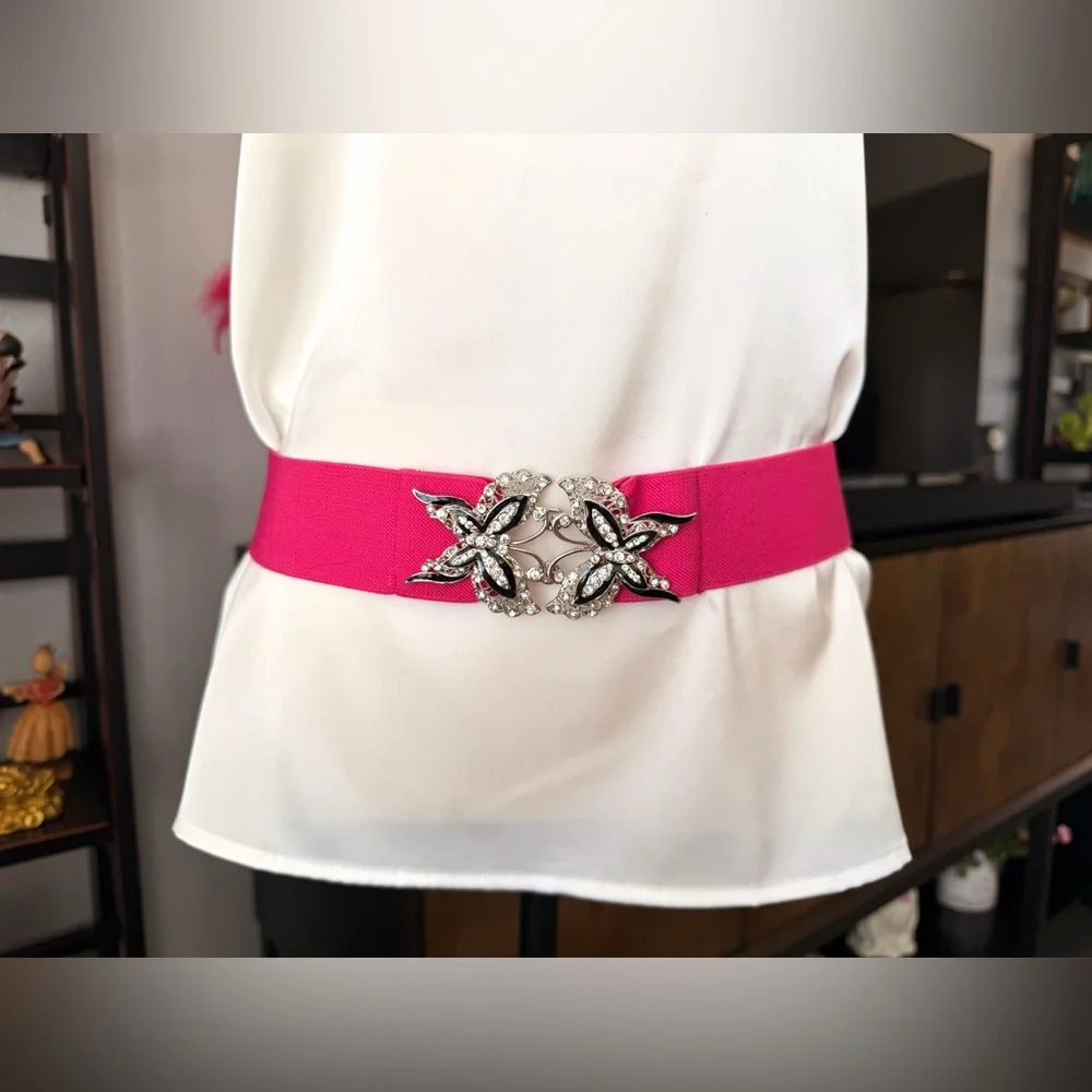 Vintage Pink Stretch Belt with Butterfly Buckle